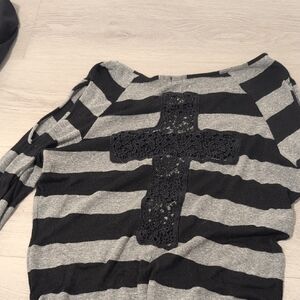 Striped Black and Gray Long-Sleeve Tee with Crochet Cross Detail